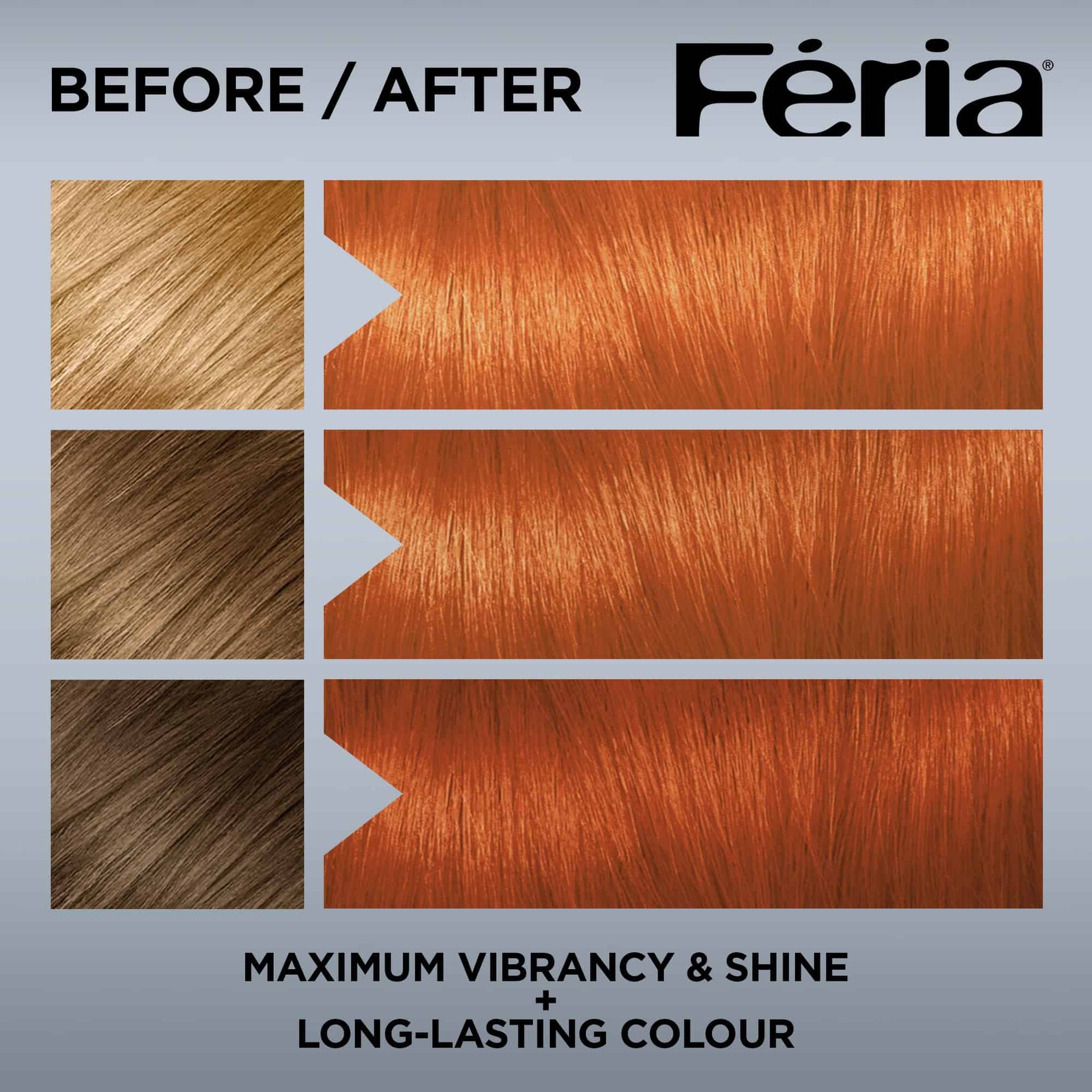 Hair before and after using Feria C74 Intense Copper